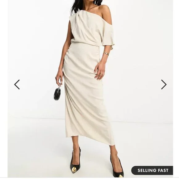 asos fallen shoulder midi dress ASOS DESIGN Plisse Fallen Shoulder Midi Dress In Rust main image 0